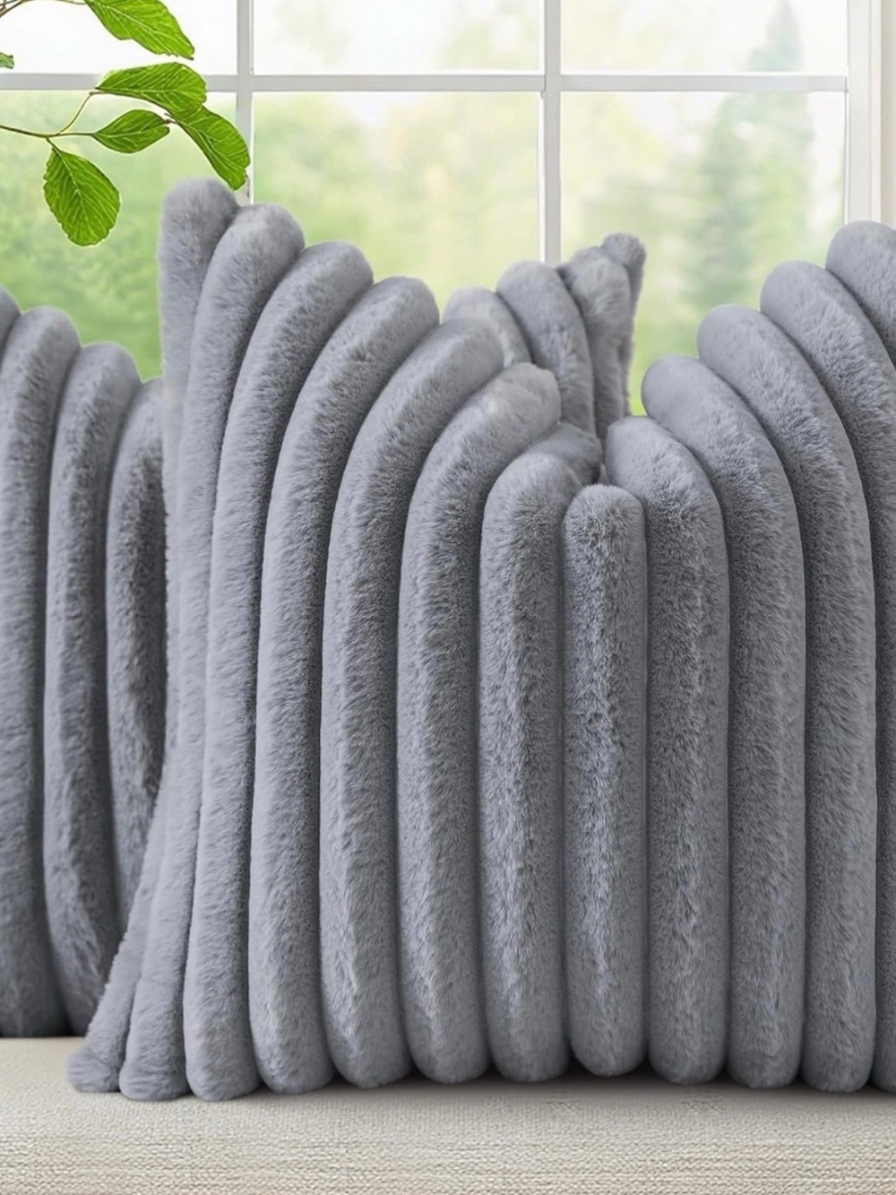Plush Ribbed Faux Fur Throw Pillow Covers - Gray